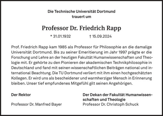 Traueranzeige von Prof. Dr. em. Friedrich Rapp