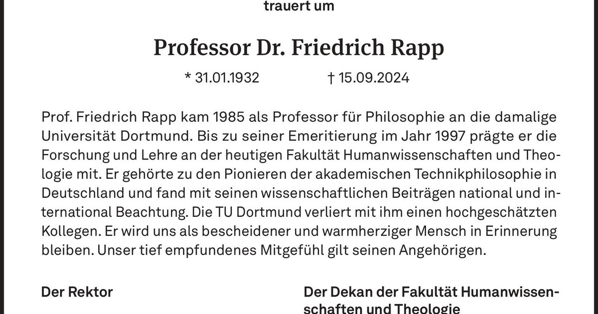 Nachruf zum Tod von Prof. em. Dr. Friedrich Rapp - HT - TU Dortmund