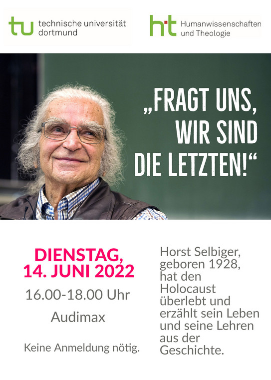 Werbeplakat für den Gastvortrag von Horst Selbiger. Es ist ein Foto von Horst Selbiger zu sehen sowie die Angaben zu Datum und Uhrzeit. Der Vortrag findet statt am 14. Juni 2022 um 16:00 Uhr.